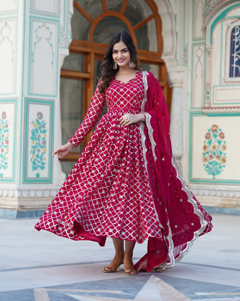 Beautiful Rani Pink Color Embroidery Anarkali Gown With Dupatta