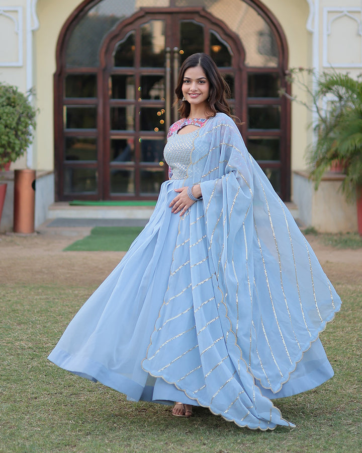 Sky Blue Color Faux Georgette Anarkali With Fancy Neck Design