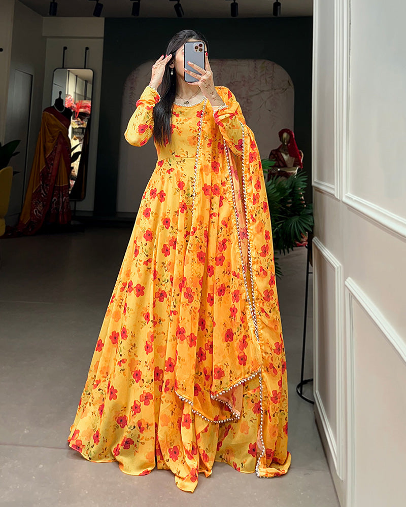 Yellow Color Designer Georgette Gown With Dupatta