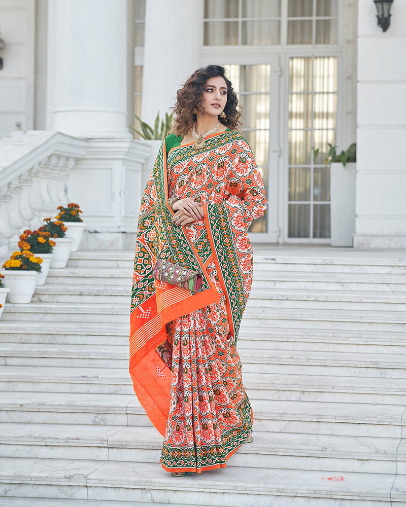 New Design Orange Color Patola Print Weaving Silk Saree