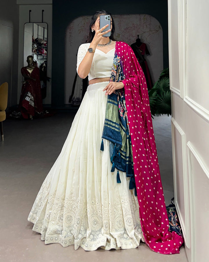 Designer Off-White Lucknowi Work Georgette Lehenga Choli