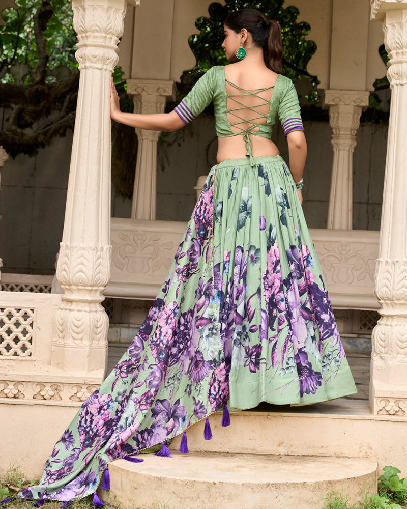 Pista Color Floral Printed Tussar Silk Lehenga Choli