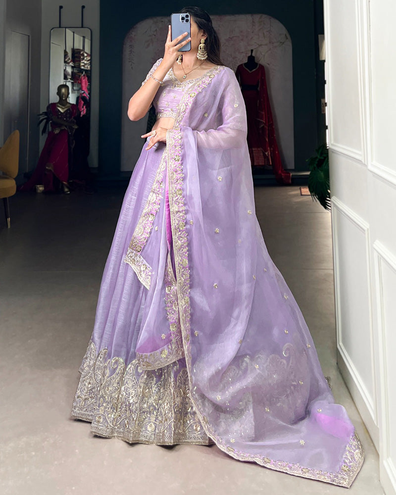 Lavender Color Burberry Silk Embroidered Lehenga Choli