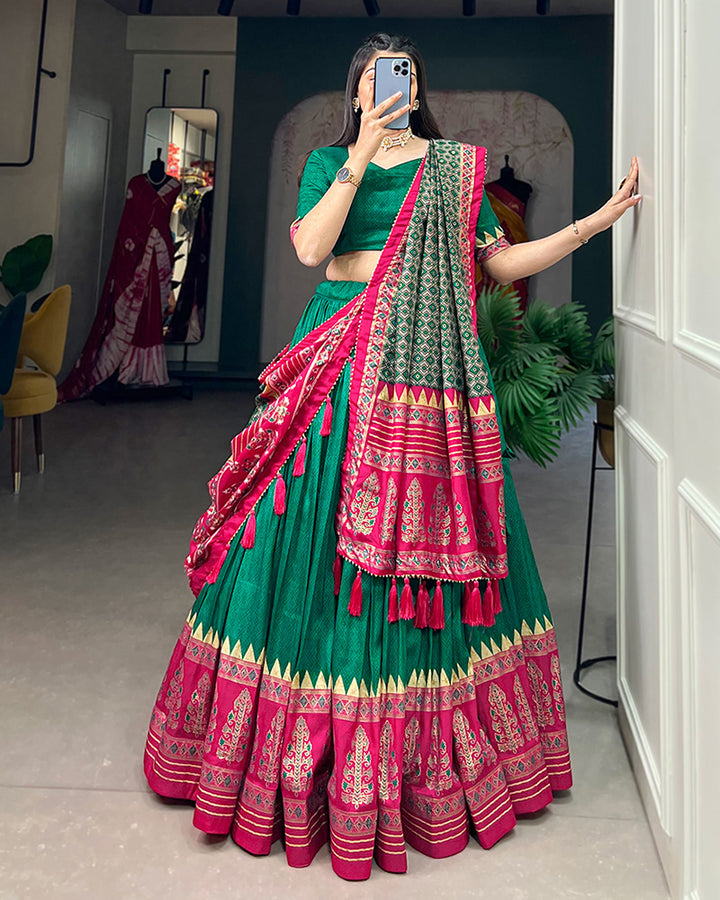 Green Color Tussar Silk Foil Print Designer Semi Stitched Lehenga Choli