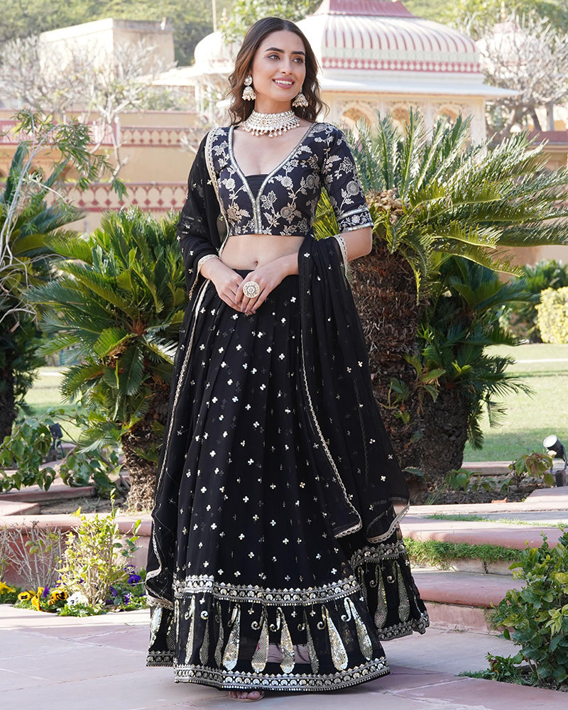 Wedding Wear Black Color Blooming Embroidery Lehenga Choli