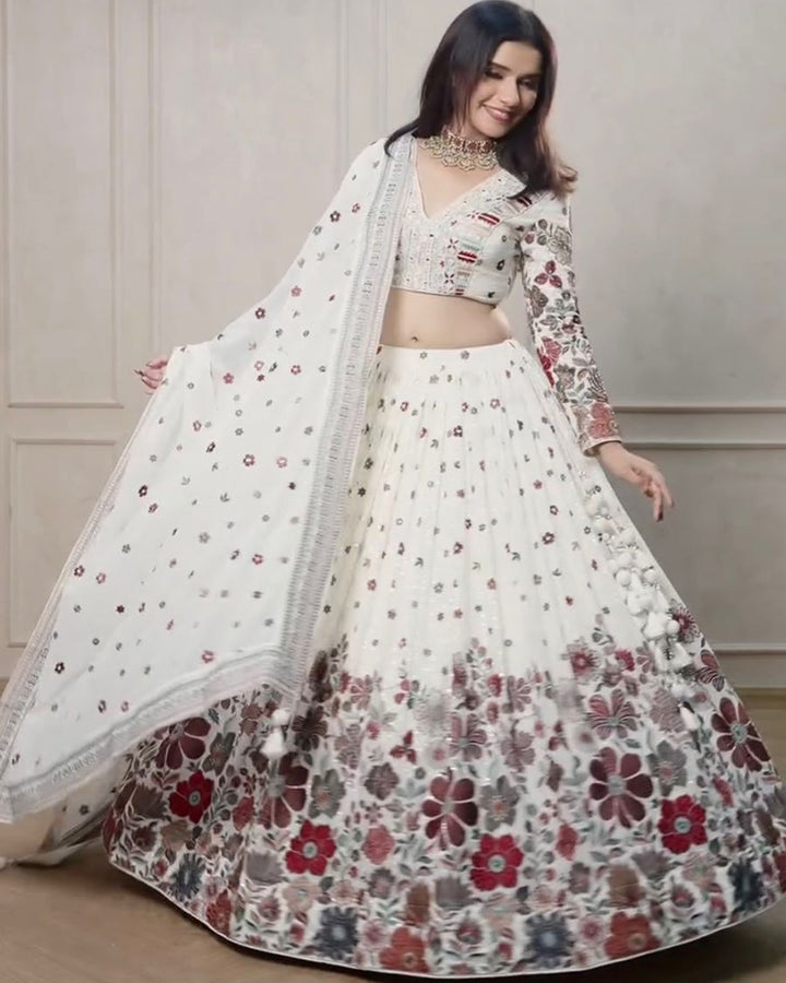 White Color Georgette Sequence Embroidered Lehenga Choli