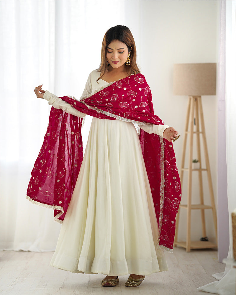 Rani Pink Dupatta With White Color Soft Silk Anarkali