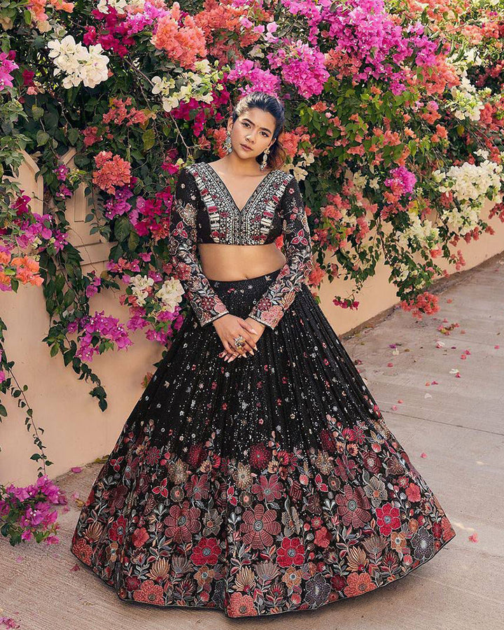 Black Color Georgette Sequence Embroidered Lehenga Choli