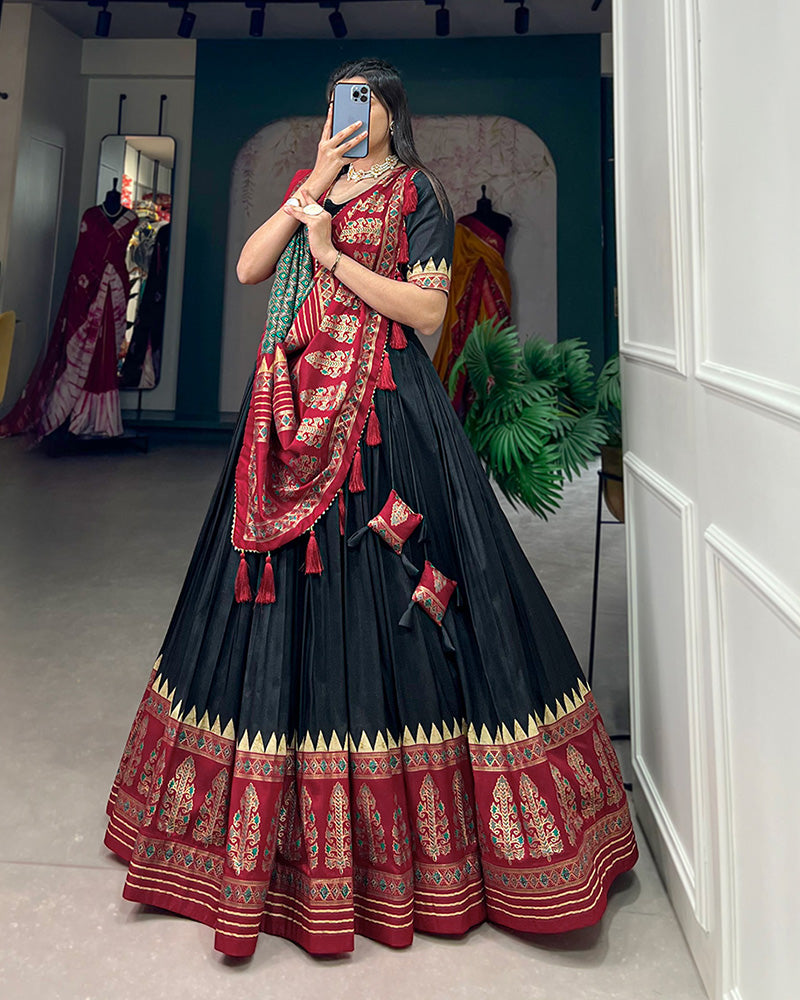 Black Color Tussar Silk Foil Print Designer Semi Stitched Lehenga Choli