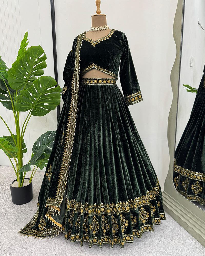 Green Color Viscose Velvet Sequence Work Lehenga Choli