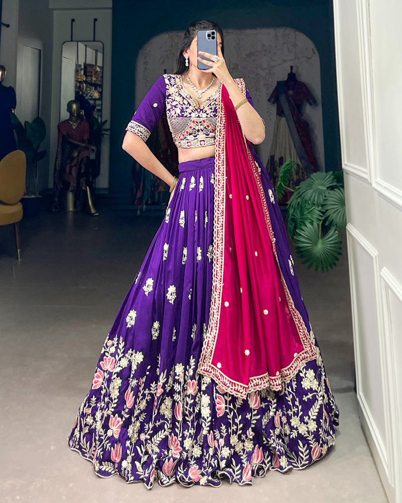 Designer Purple Color Vichitra Silk Embroidered Lehenga Choli