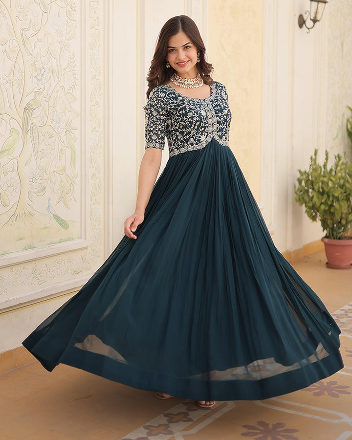 Beautiful Rama Color Embroidered Anarkali Gown