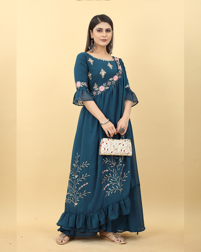 Rama Color Embroidered Georgette Anarkali Gown