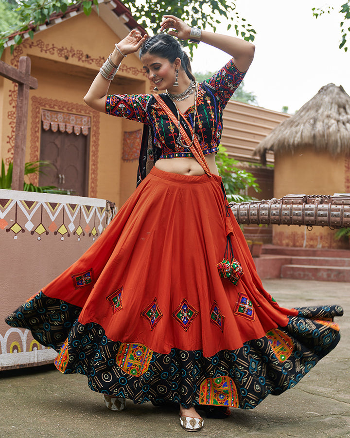 Orange Color Viscose Rayon Fully Stitched Navratri Lehenga Choli