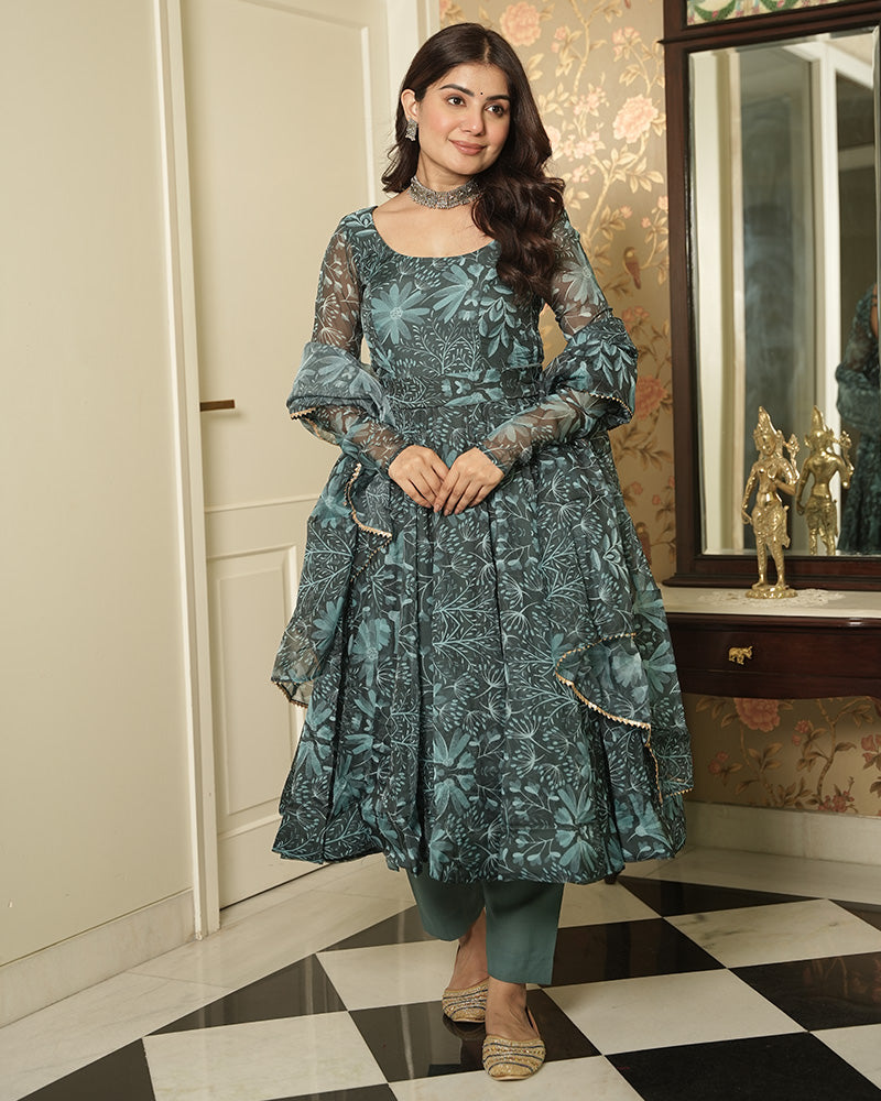 Bottle Green Color Tebby Organza Anarkali Suit