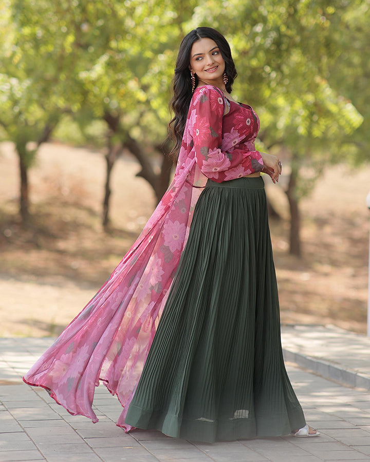 Green Color Faux Georgette Printed Lehenga Choli