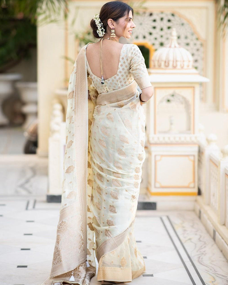 Designer White Color Jacquard Banarasi Silk Saree