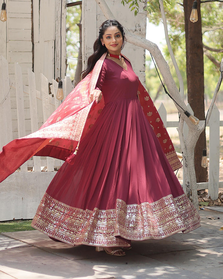 Dusty Pink Color Georgette Gown With Jacquard Dupatta