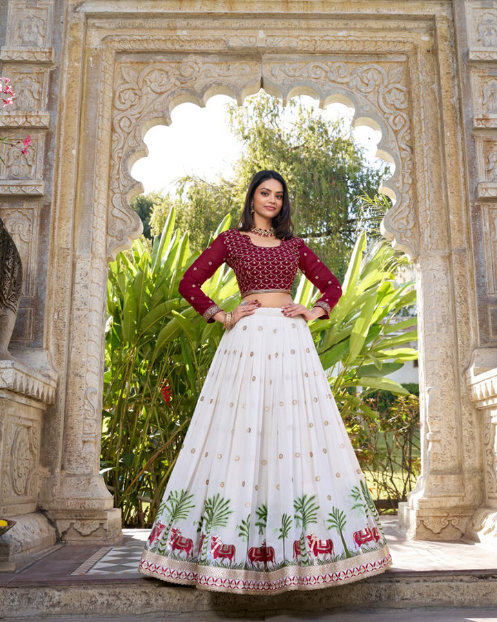 Wedding Wear White Color Georgette Embroidery Lehenga Choli