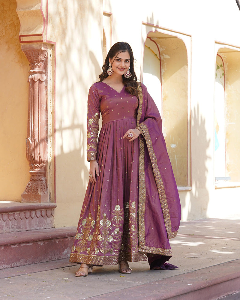 Beautiful Onion Color Viscose Cosmos Gown With Embroidered Dupatta