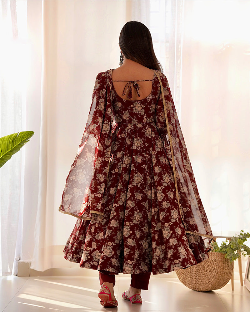 Dark Maroon Floral Printed Georgette Anarkali Suit