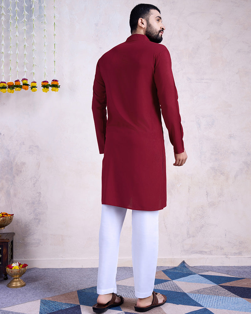 Maroon Color Rayon Embroidered Men's Kurta