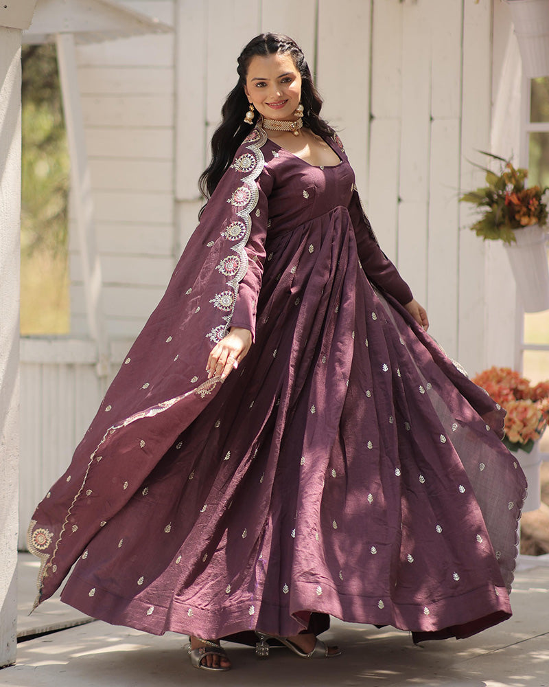 Beautiful Onion Color Shimmer Gown With Embroidered Dupatta