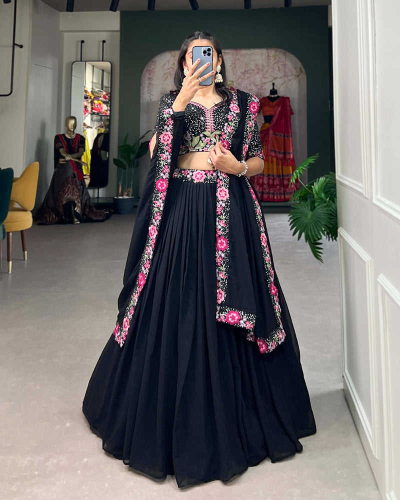 Designer Black Color Georgette Embroidery Lehenga Choli