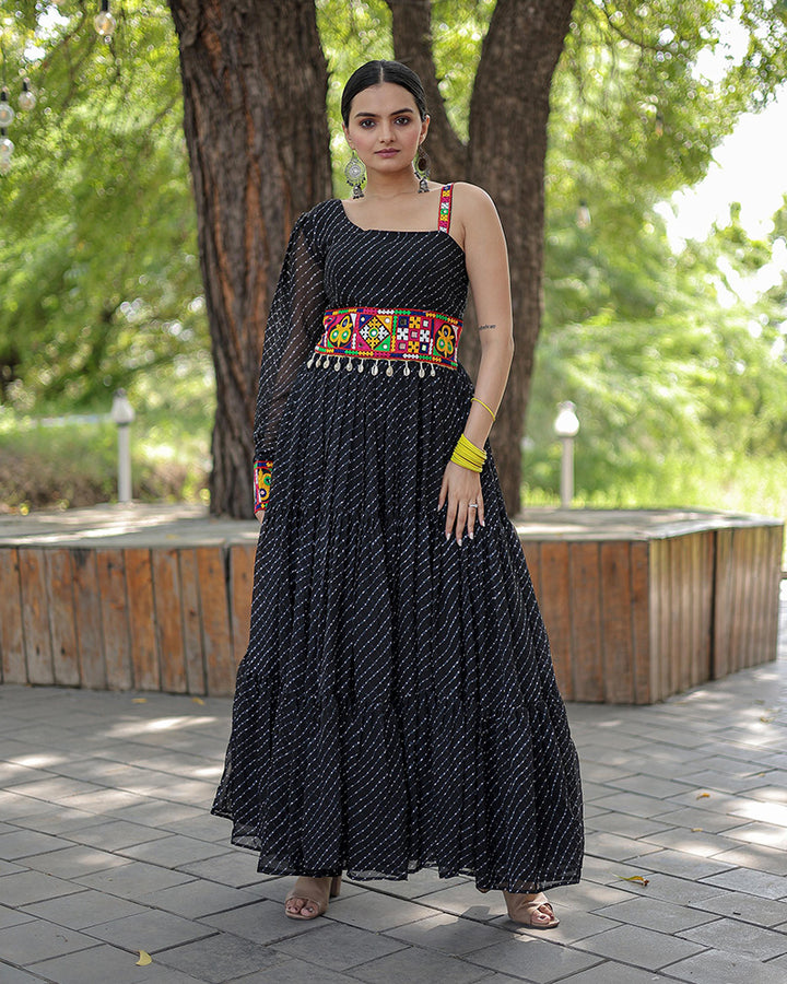 Navratri Special Black Color Georgette Kutchi Patche Work Gown