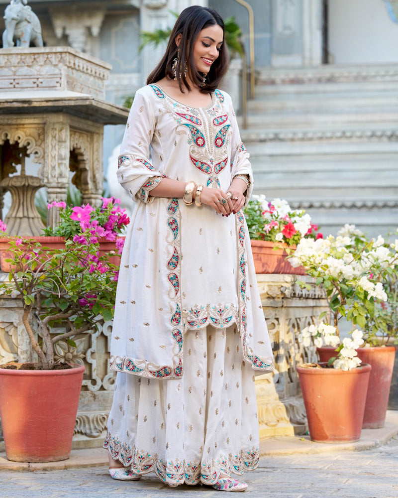 White Color Vichitra Silk Embroidered Salwar Suit