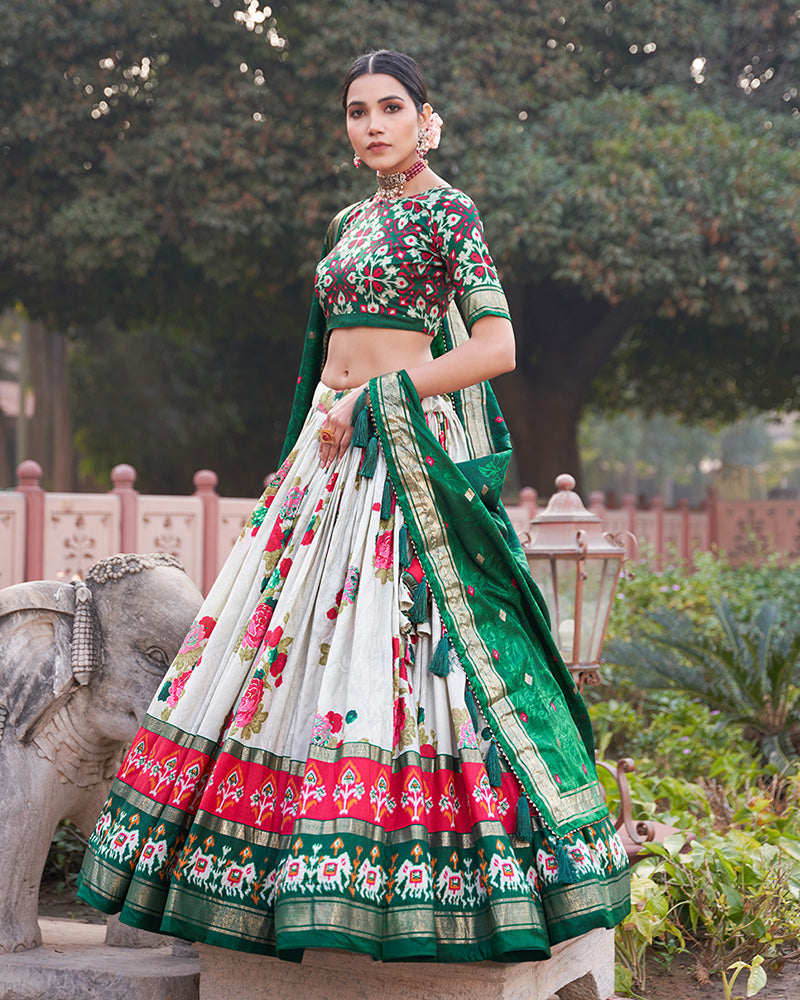 Green Color Tussar Silk Floral And Patola Print Lehenga Choli