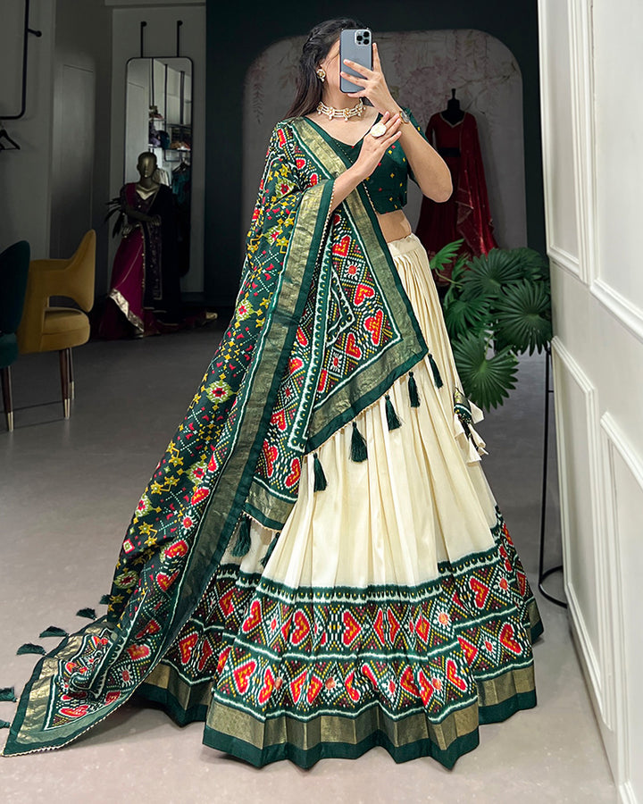 Patola Printed Green Color Tussar Silk Lehenga Choli