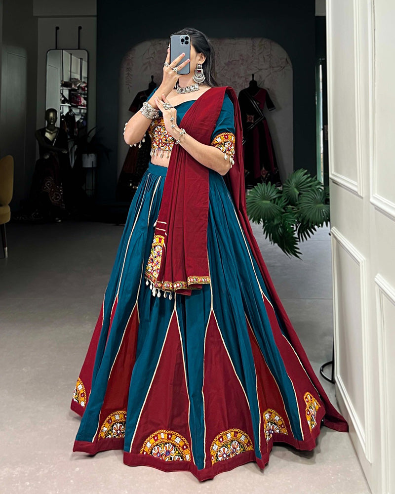 Teal green Color Cotton Gamthi Navratri Lehenga Choli