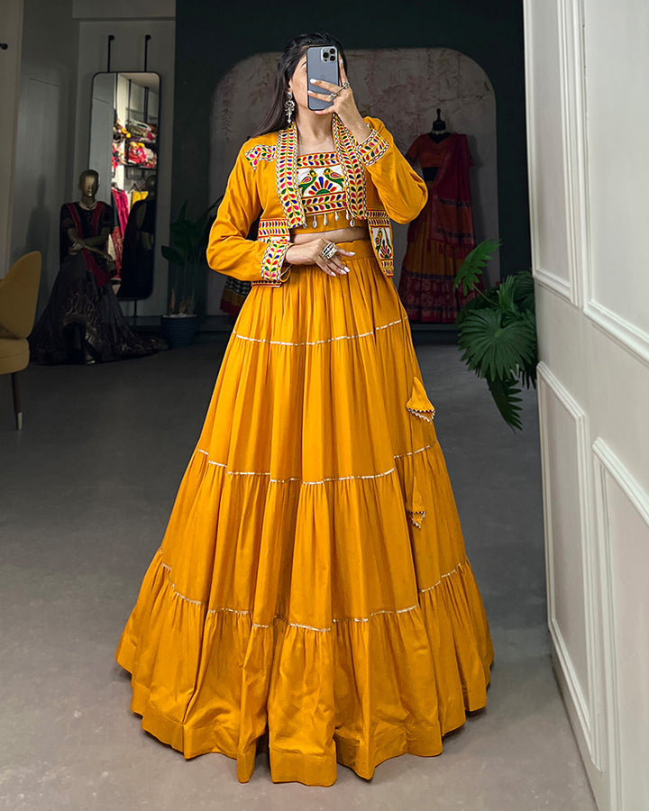 Mustard Color Pure Rayon Frill And Gamthi Work Navratri Lehenga Choli