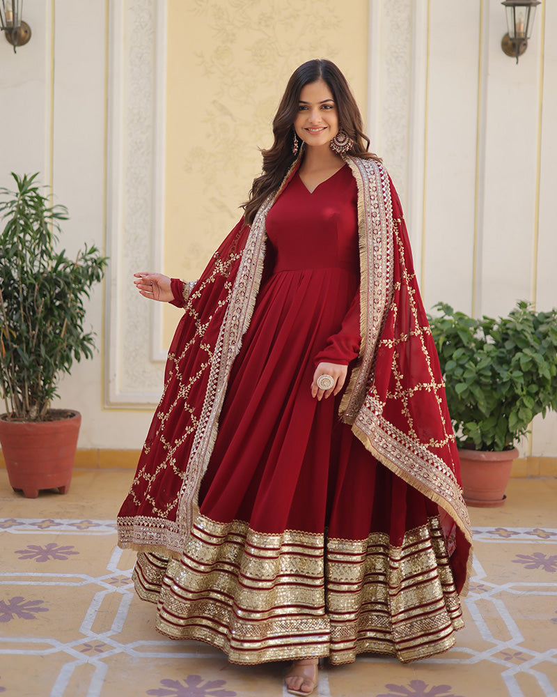 Beautiful Maroon Color Anarkali Gown With Sequence Embroidery Dupatta