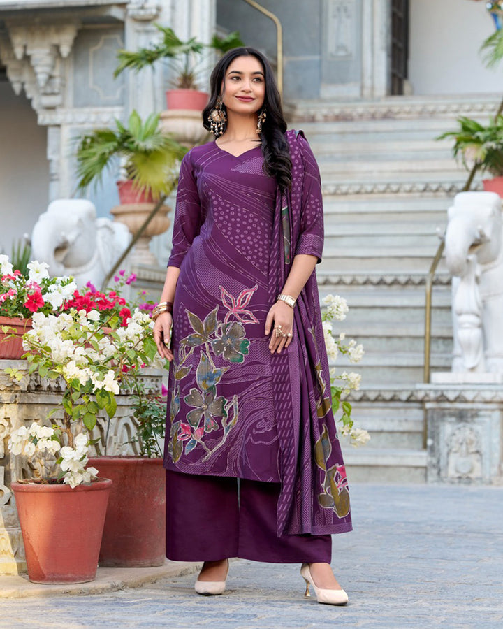 Wine Color Roman Silk Floral Printed Salwar Suit