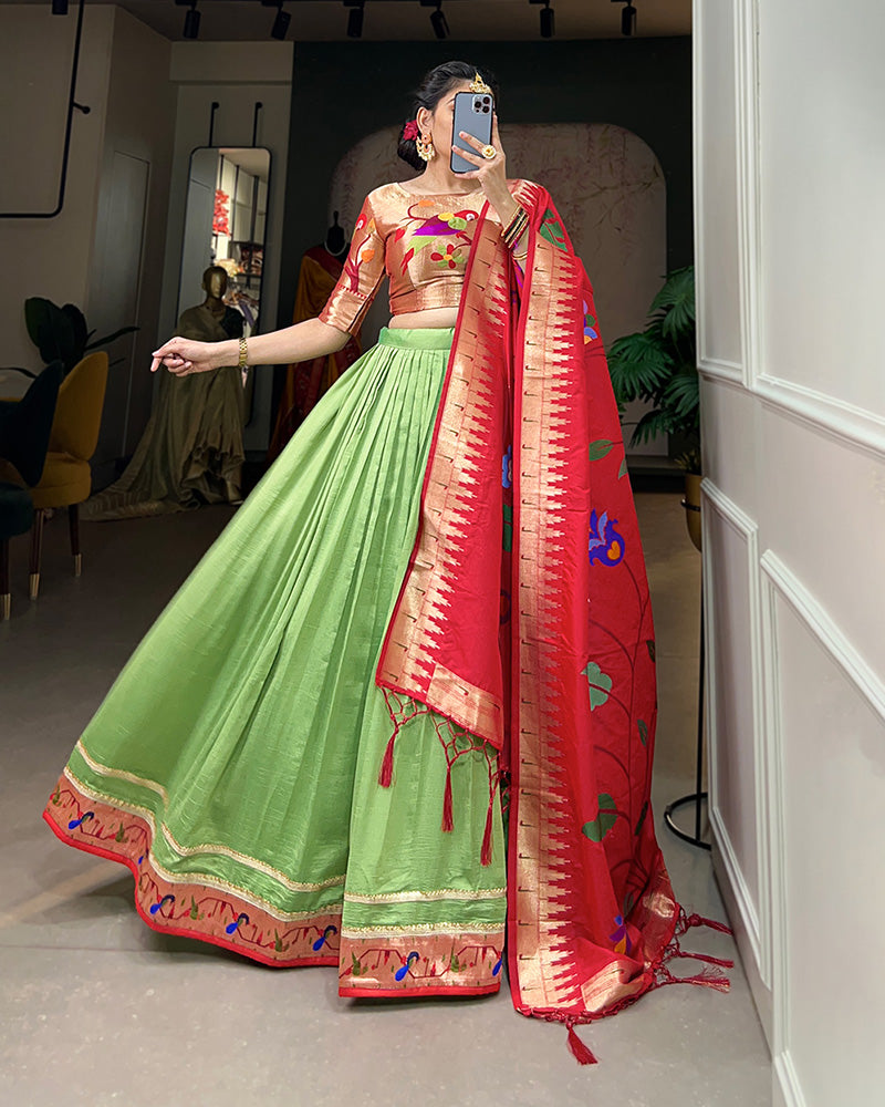 Parrot Color Vichitra Silk Paithani Lehenga Choli