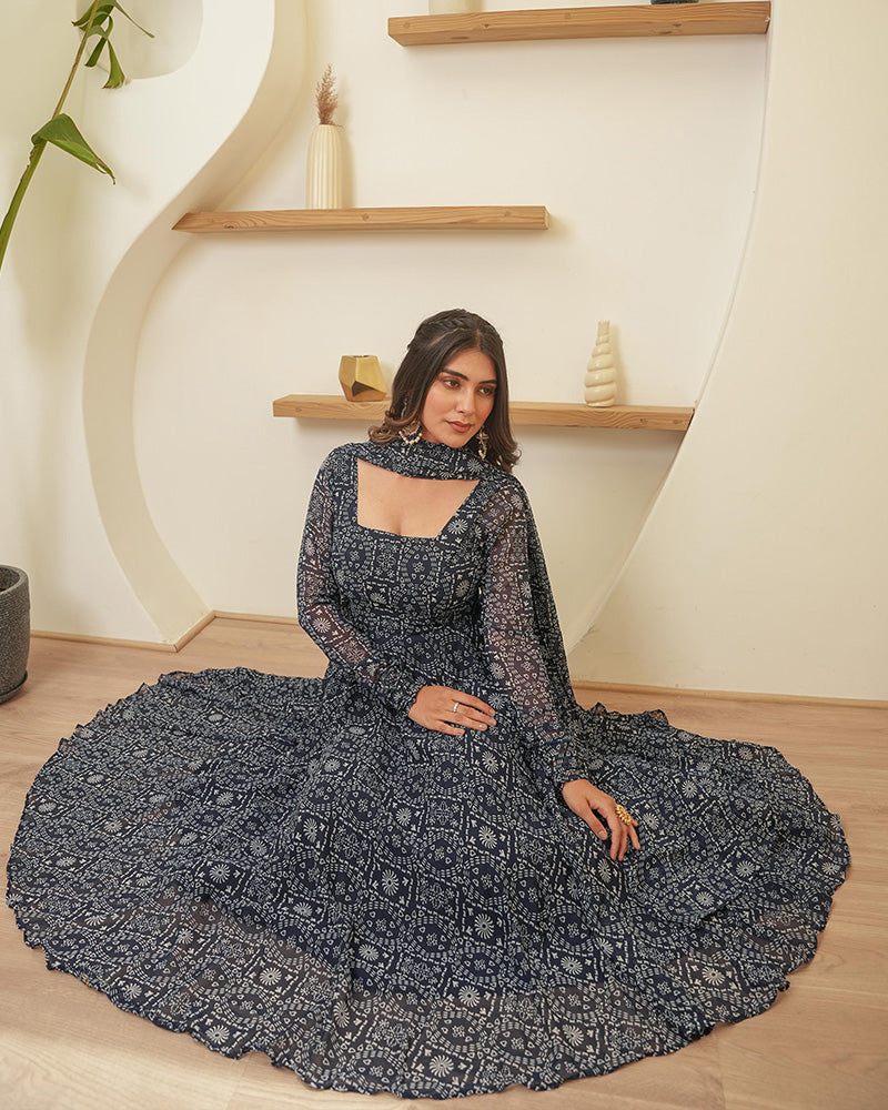 Navy Blue Color Georgette Digital Printed Anarkali Suit