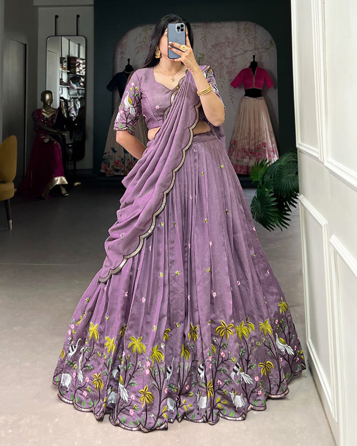 Designer Lavender Color Vichitra Shimmer Embroidered Lehenga Choli