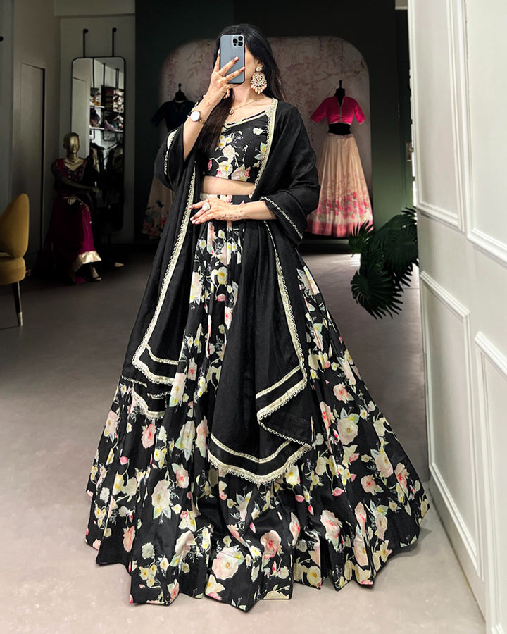 Floral Print Black Color Tussar Silk Lehenga Choli