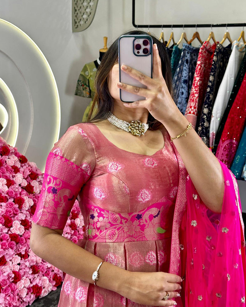 Pink Color Kota Silk Jacquard Gown With Dupatta