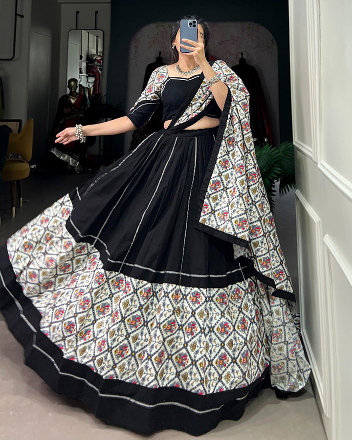 Designer Black And White Color Patola Printed Navratri Lehenga Choli