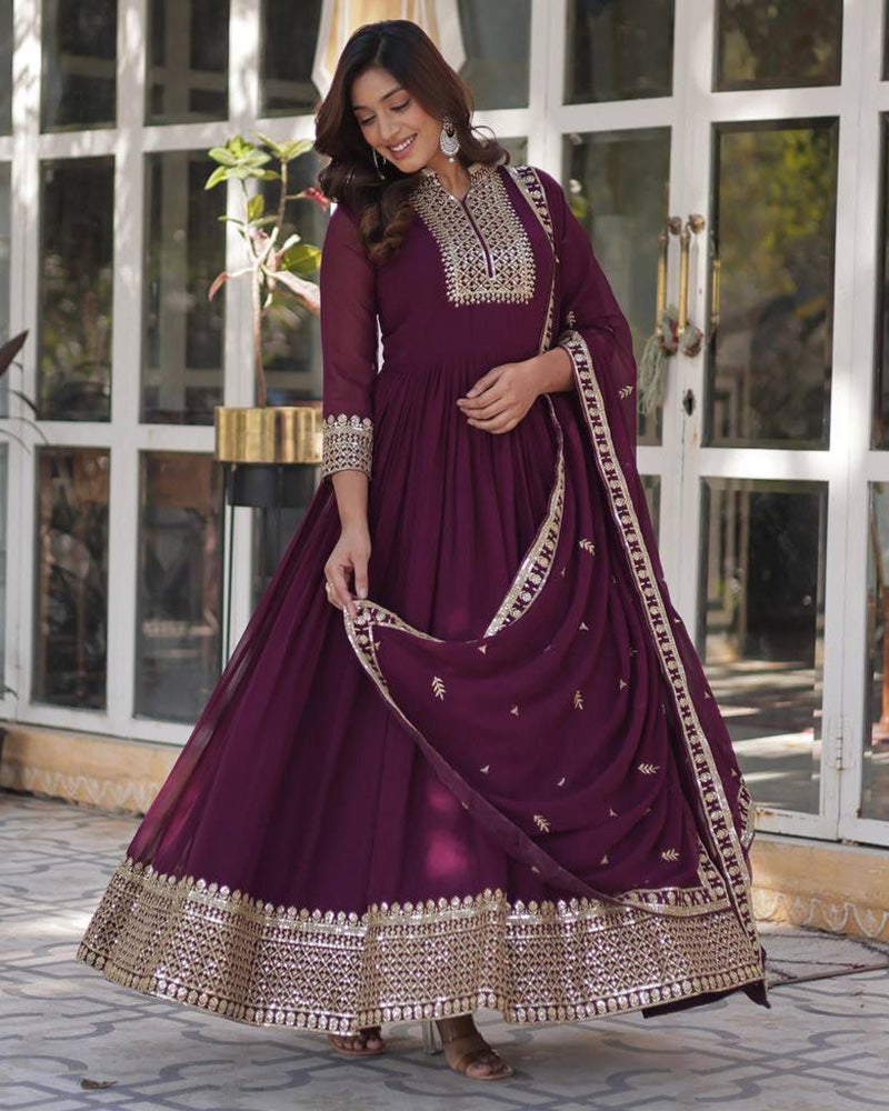 Designer Wine Color Gown With Sequence Embroidered Dupatta