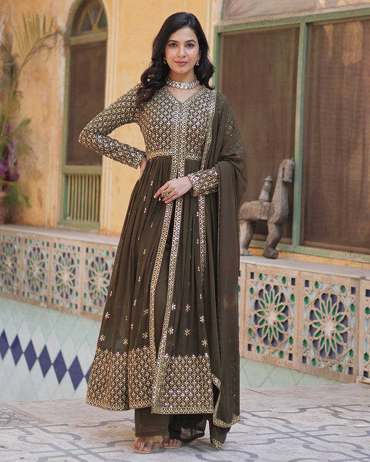 Mehndi Color Georgette Embroidered Sharara Suit