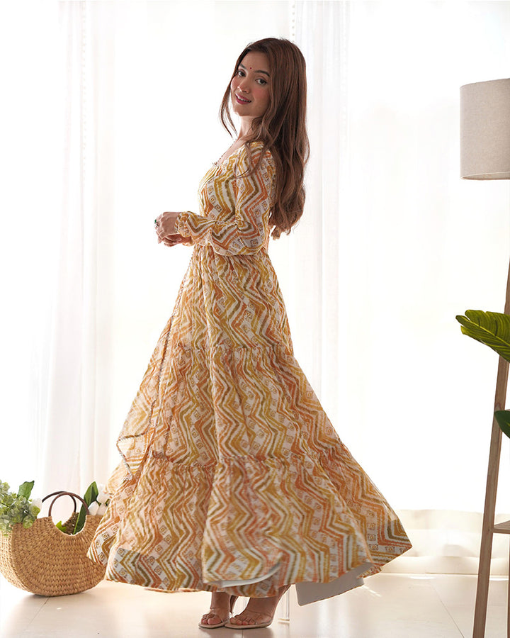 Zigzag Print Off-White Color Georgette Ruffle Style Anarkali Suit