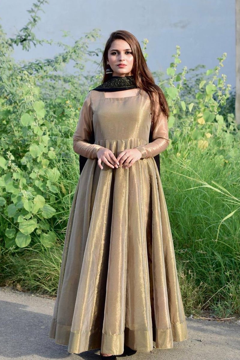 Designer Bronze Gold Lama Anarkali Gown With Dupatta