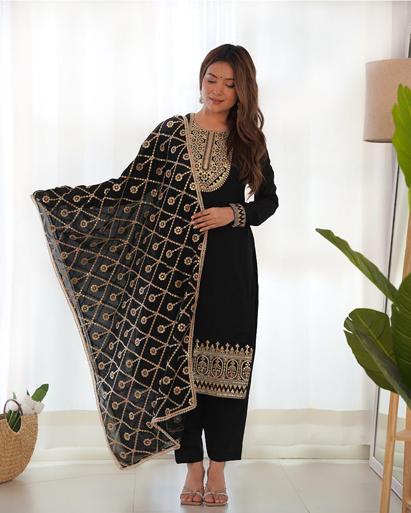 Black Color Vichitra Silk Three Piece Salwar Suit