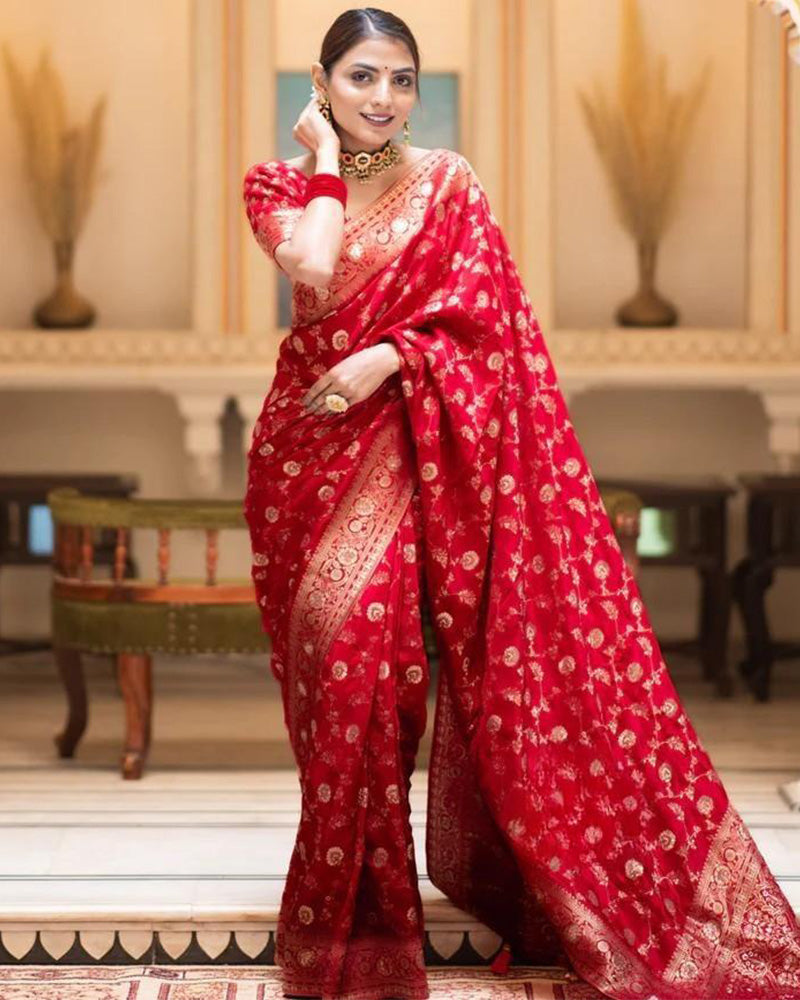 Designer Red Color Zari Work Banarasi Silk Saree