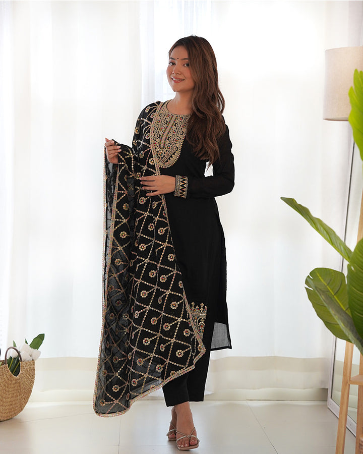 Black Color Vichitra Silk Three Piece Salwar Suit