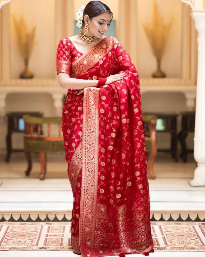 Designer Red Color Zari Work Banarasi Silk Saree